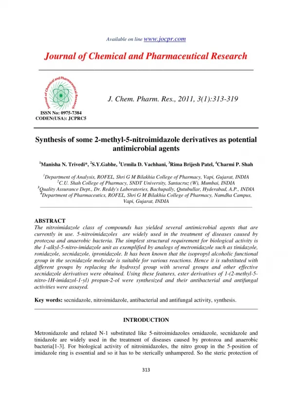 Synthesis of some 2-methyl-5-nitroimidazole derivatives as potential antimicrobial agents