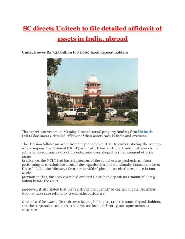 SC directs Unitech to file detailed affidavit of assets in India, abroad