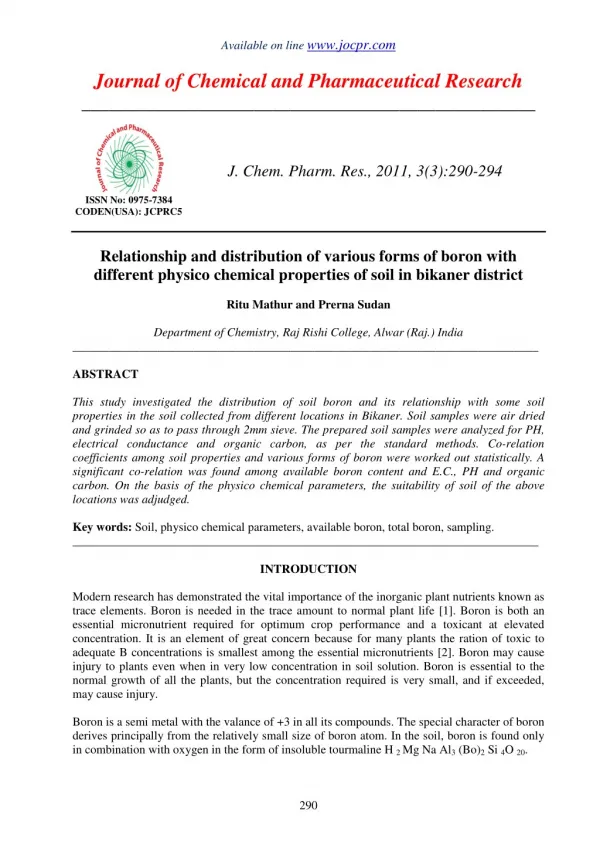 Relationship and distribution of various forms of boron with different physico chemical properties of soil in bikaner di
