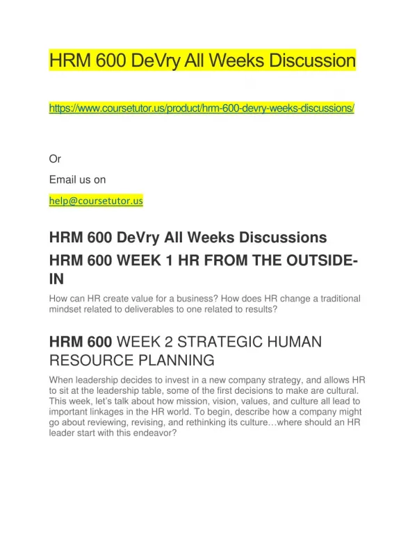 HRM 600 DeVry All Weeks Discussion
