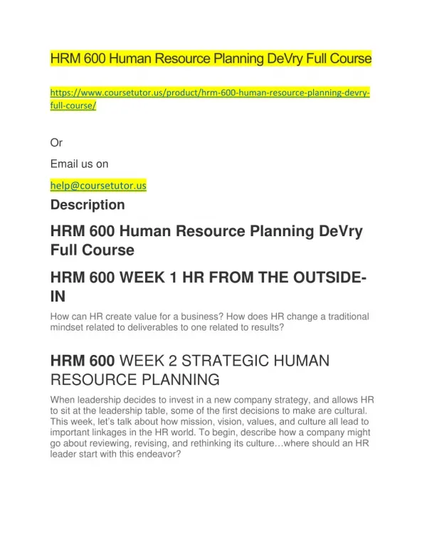 HRM 600 Human Resource Planning DeVry Full Course