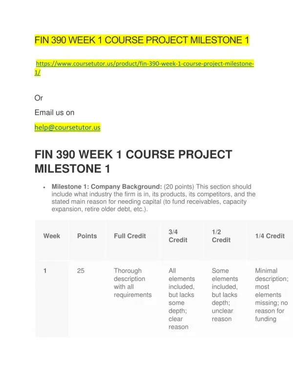 FIN 390 WEEK 1 COURSE PROJECT MILESTONE 1