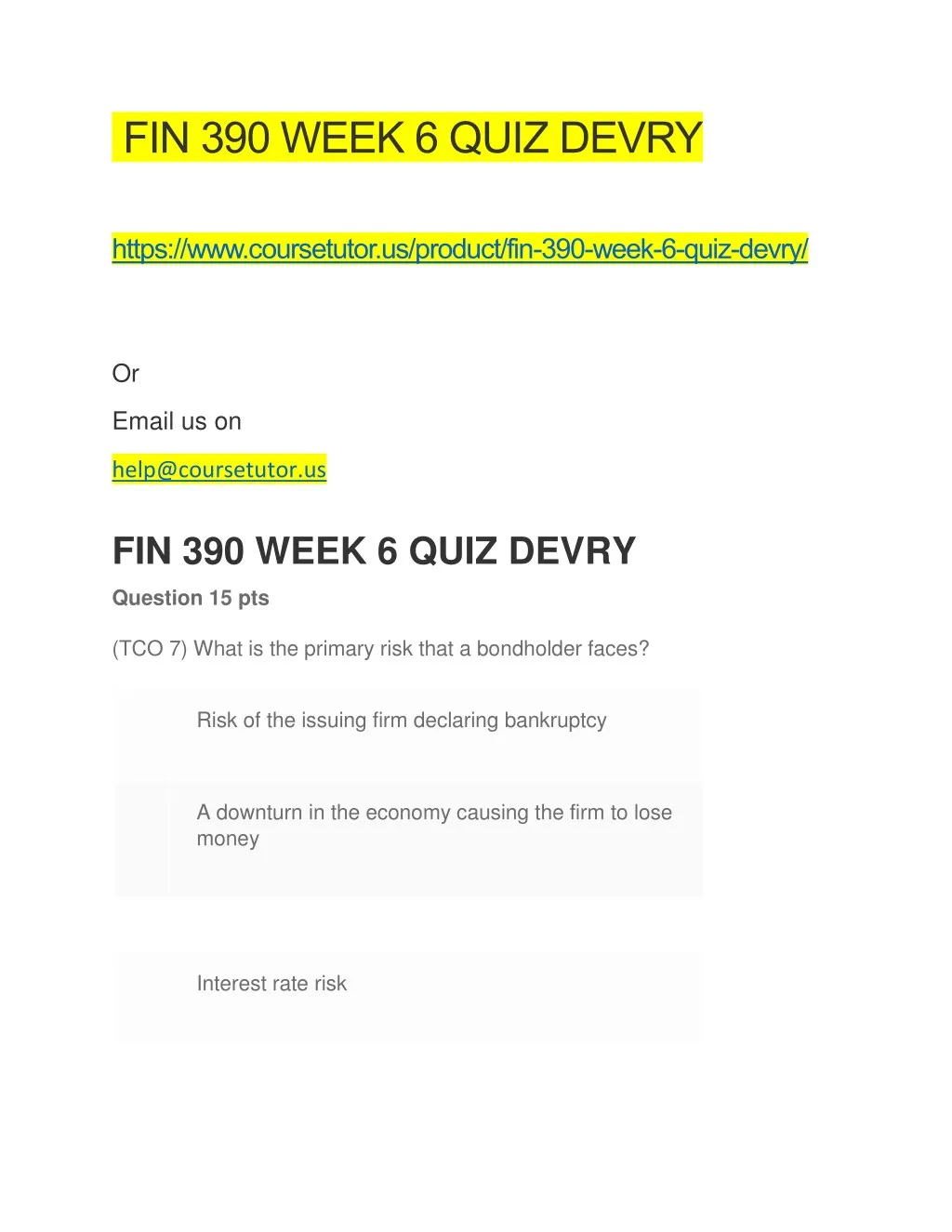 fin 390 week 6 quiz devry https www coursetutor