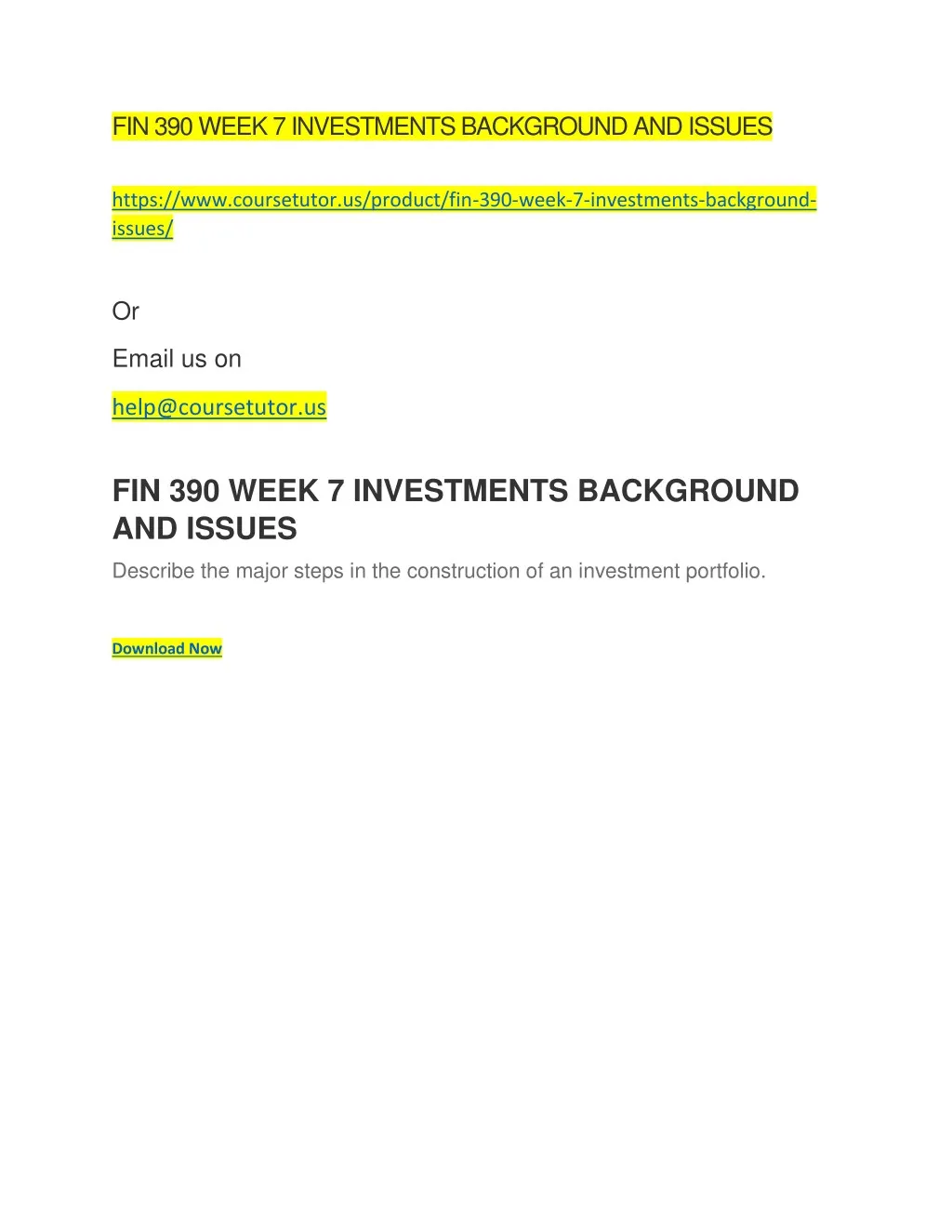 fin 390 week 7 investments background and issues