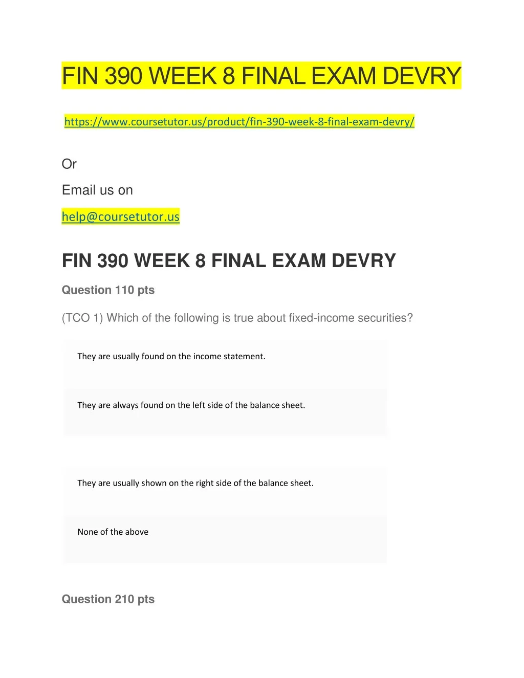 fin 390 week 8 final exam devry