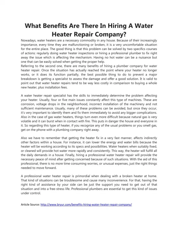 What Benefits Are There In Hiring A Water Heater Repair Company?