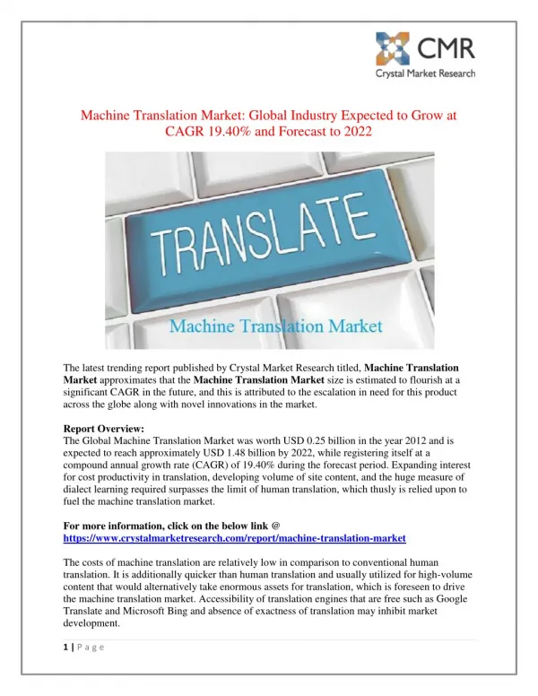 Machine Translation Market to Reach USD 1.48 Billion by 2022 - Crystal Market research