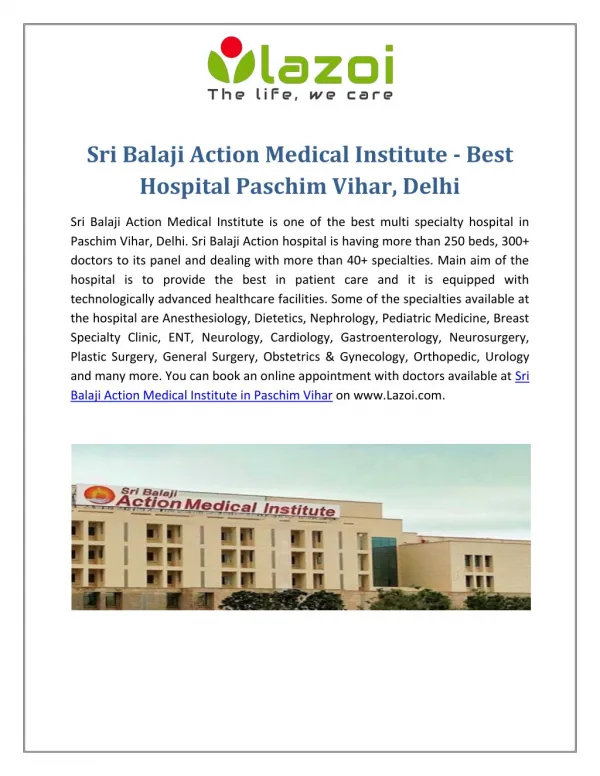 Sri Balaji Action Medical Institute - Best Hospital Paschim Vihar, Delhi