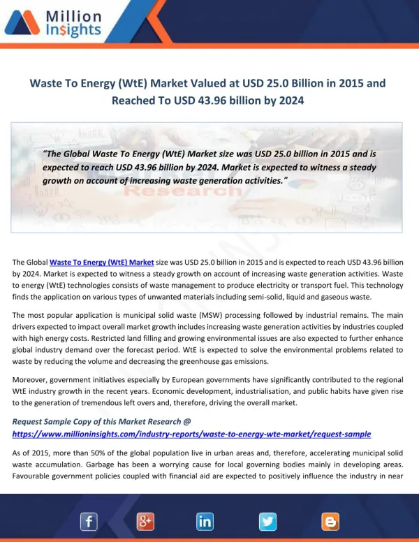 Waste To Energy (WtE) Market Key Players and Data Analysis by 2014-2024