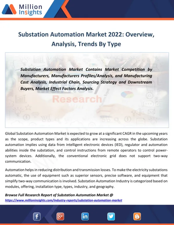 Substation Automation Market Key Players, Global Industry Analysis Forecast 2022