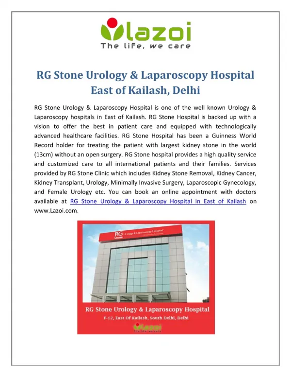 RG Stone Hospital - Best Urology & Laparoscopy Hospital East of Kailash, Delhi