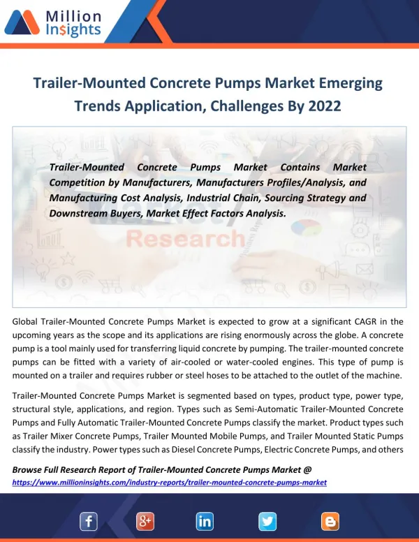 Trailer-Mounted Concrete Pumps Industry Share, Size, By Type, Components Forecast 2022
