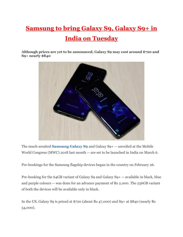Samsung to bring Galaxy S9, Galaxy S9 in India on Tuesday