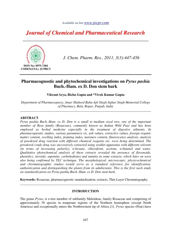 Pharmacognostic and phytochemical investigations on Pyrus pashia Buch.-Ham. ex D. Don stem bark