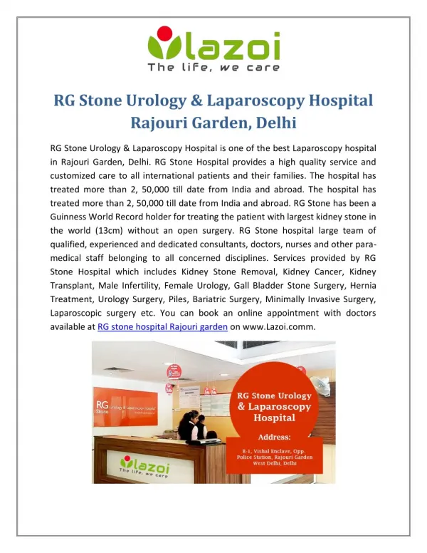 RG Stone Urology & Laparoscopy Hospital in Rajouri Garden