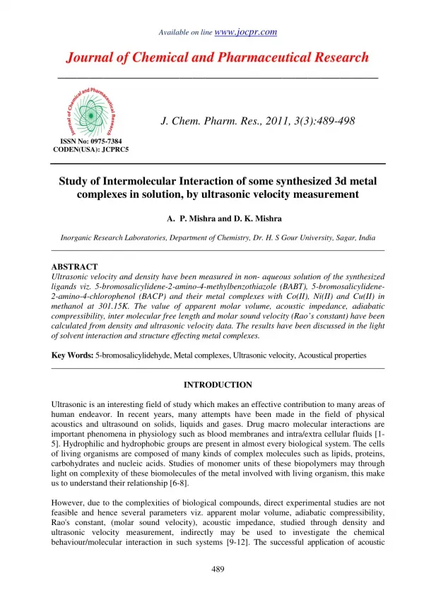 Study of Intermolecular Interaction of some synthesized 3d metal complexes in solution, by ultrasonic velocity measureme