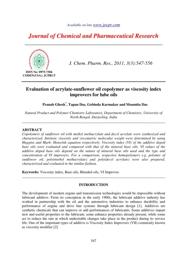 Evaluation of acrylate-sunflower oil copolymer as viscosity index improvers for lube oils