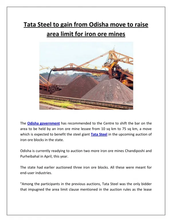 Tata Steel to gain from Odisha move to raise area limit for iron ore mines