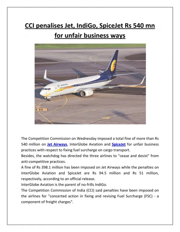 CCI penalises Jet, IndiGo, SpiceJet Rs 540 mn for unfair business ways