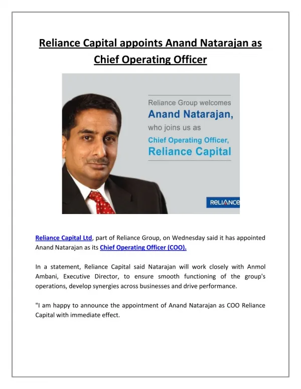 Reliance Capital Appoints Anand Natarajan as Chief Operating Officer