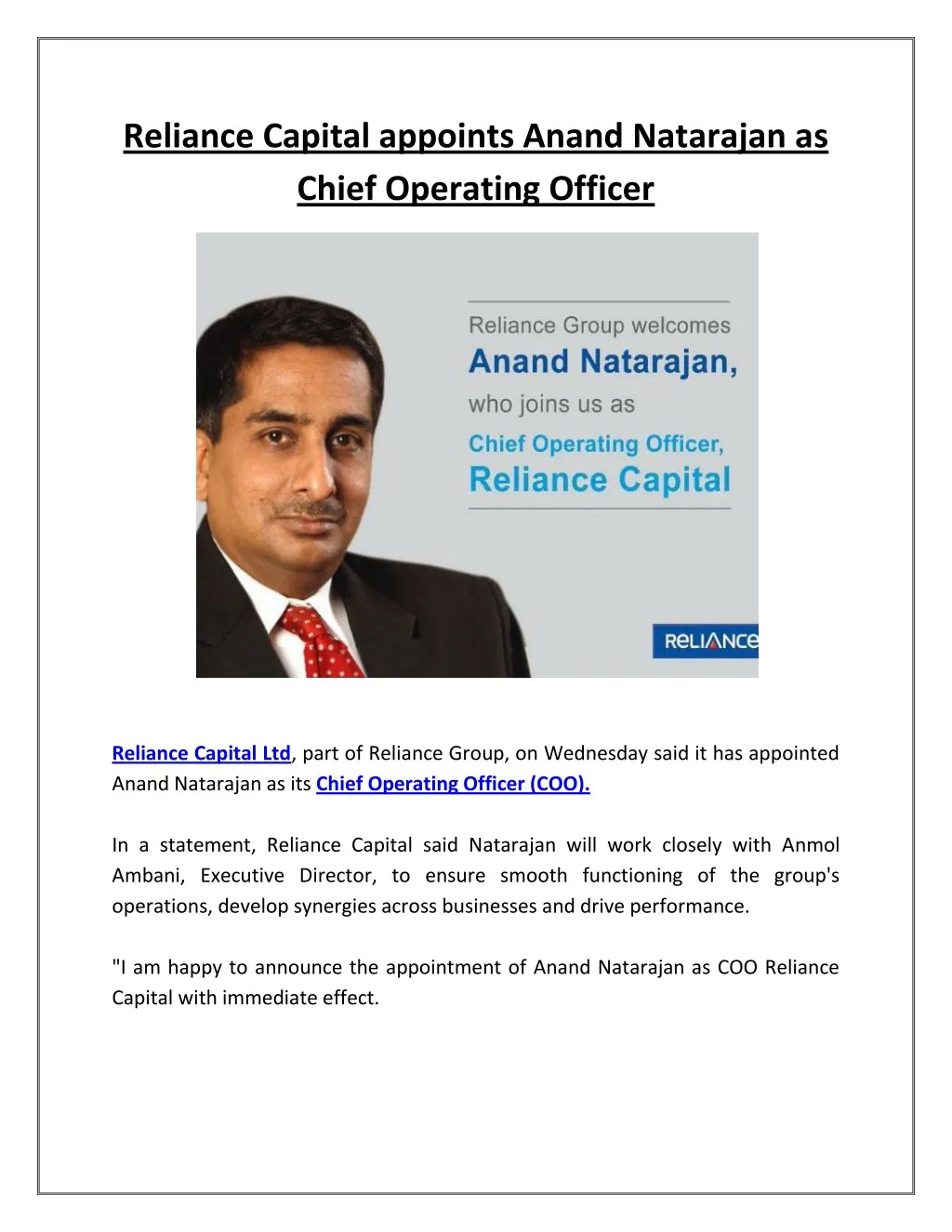 reliance capital appoints anand natarajan