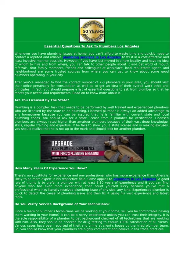 essential questions to ask to plumbers los angeles