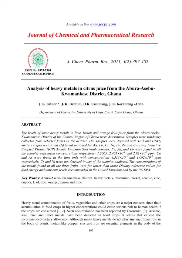 Analysis of heavy metals in citrus juice from the Abura-AsebuKwamankese District, Ghana