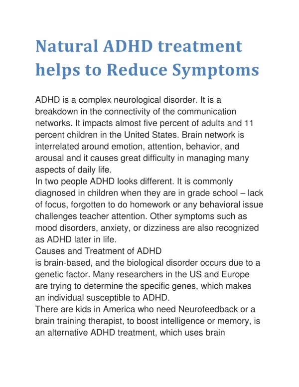 Natural ADHD treatment helps to Reduce Symptoms