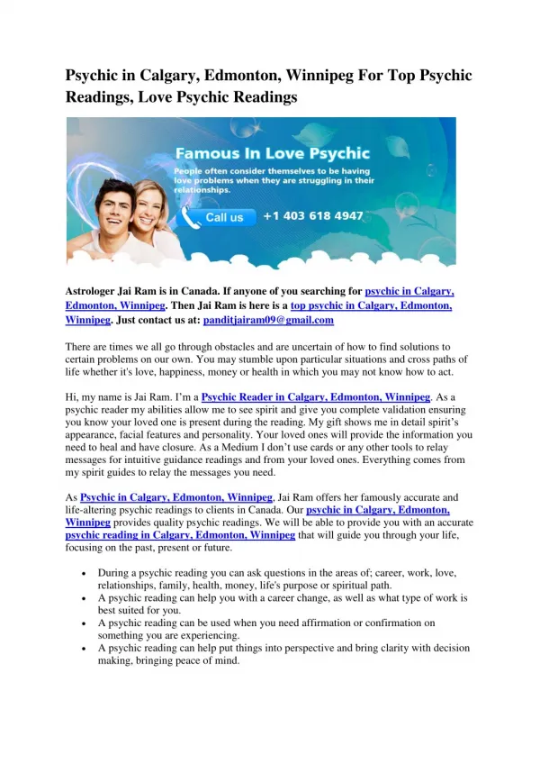 Psychic in Calgary, Edmonton, Winnipeg For Top Psychic Readings, Love Psychic Readings