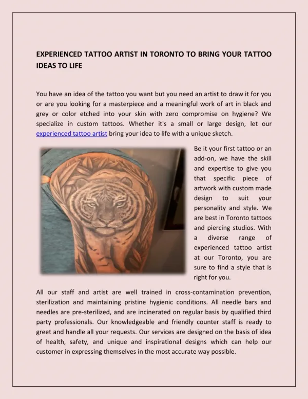 EXPERIENCED TATTOO ARTIST IN TORONTO TO BRING YOUR TATTOO IDEAS TO LIFE