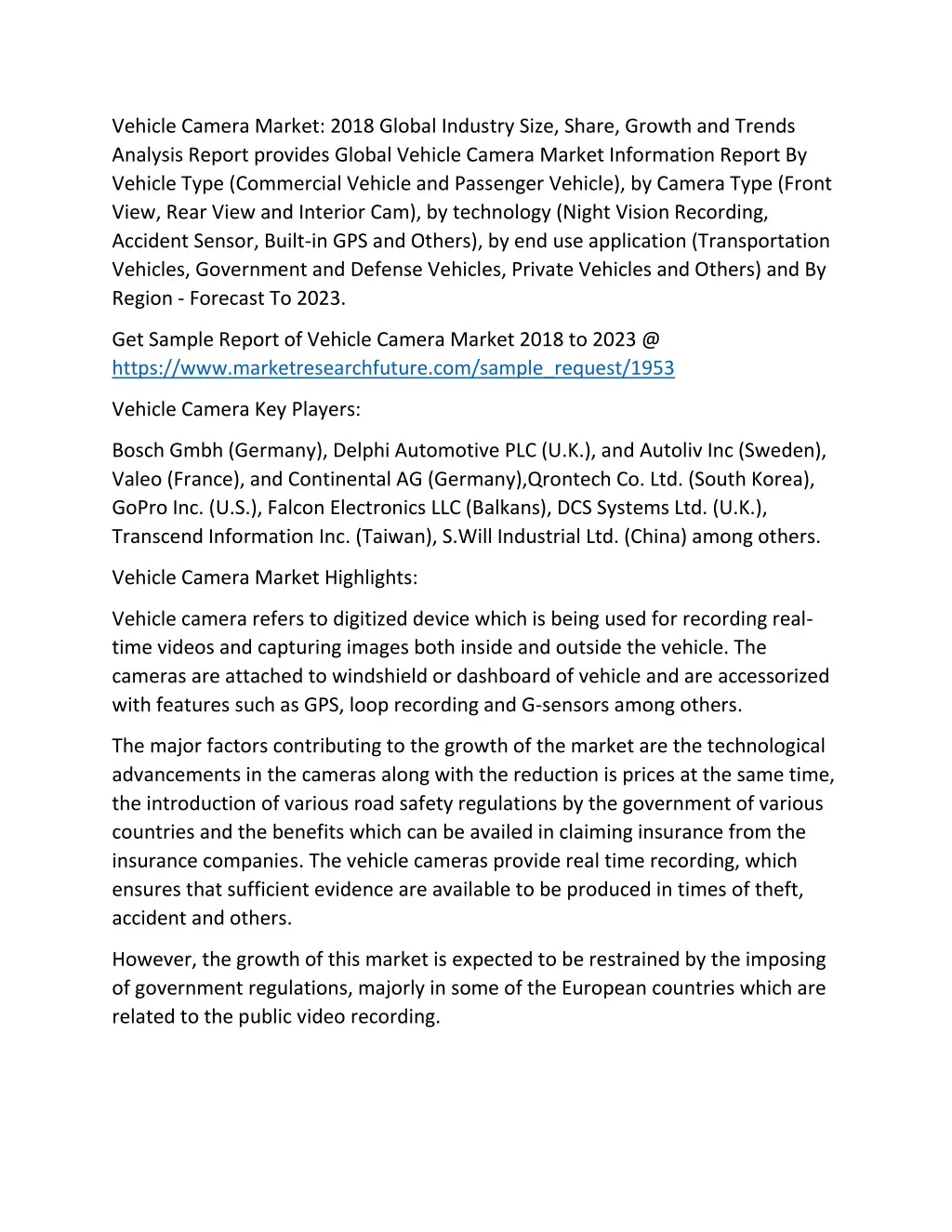 vehicle camera market 2018 global industry size
