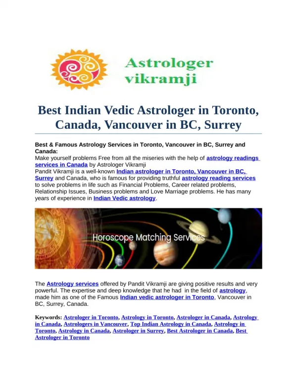 Best Indian Vedic Astrologer in Toronto, Canada, Vancouver in BC, Surrey