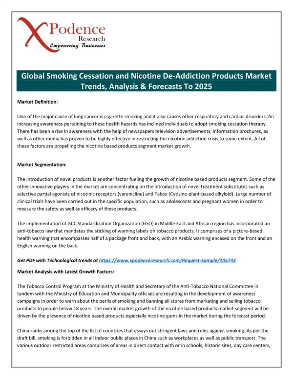 Now Available - Worldwide Smoking Cessation and Nicotine De-Addiction Products Market Report 2018-2025