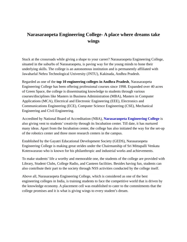 Narasaraopeta Engineering College- A place where dreams take wings