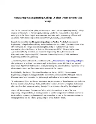 Narasaraopeta Engineering College- A place where dreams take wings - slide 1