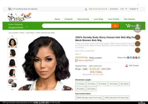 Pwigs 250 density straight body wavy human hair bob wig for black women bob wig