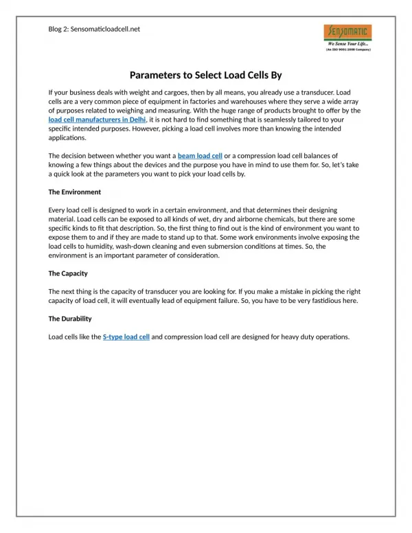 Parameters to Select Load Cells By