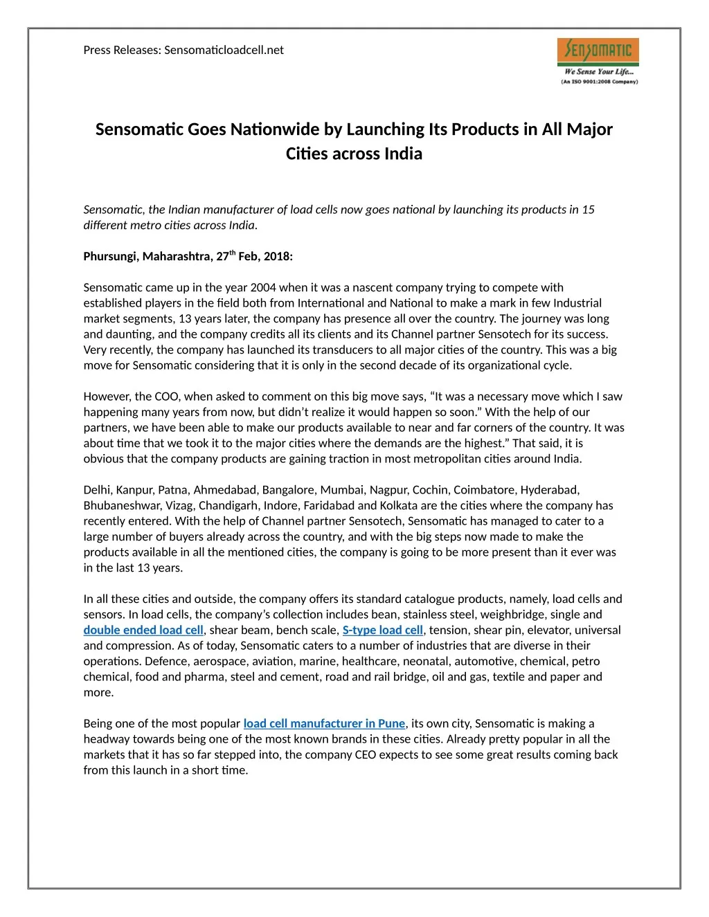 press releases sensomaticloadcell net
