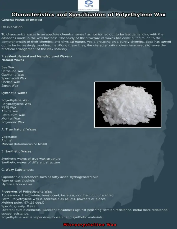 Characteristics and Specification of Polyethylene Wax