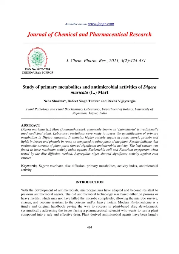 Study of primary metabolites and antimicrobial activities of Digera muricata (L.) Mart