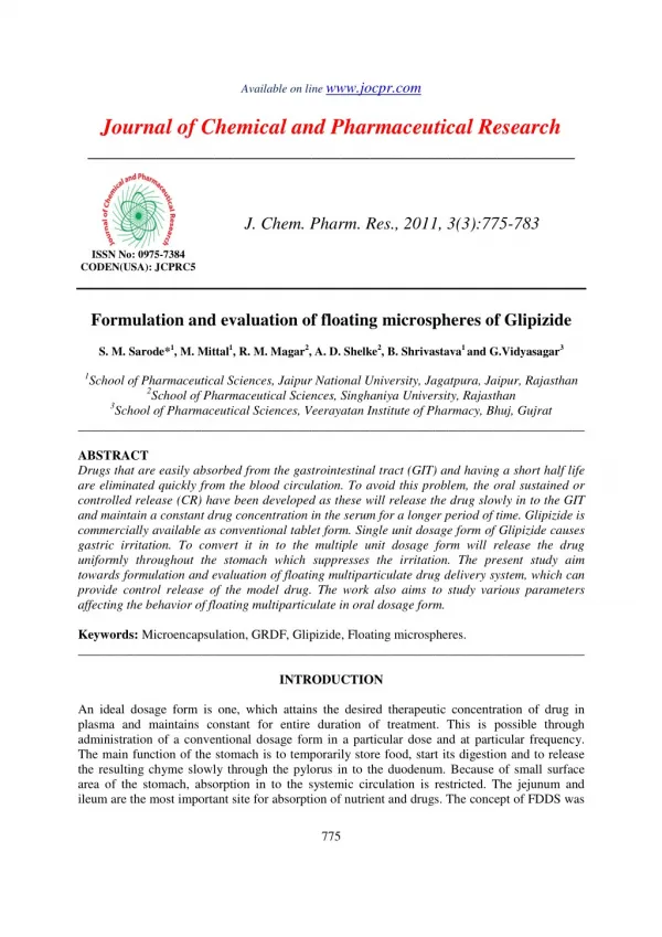 Formulation and evaluation of floating microspheres of Glipizide