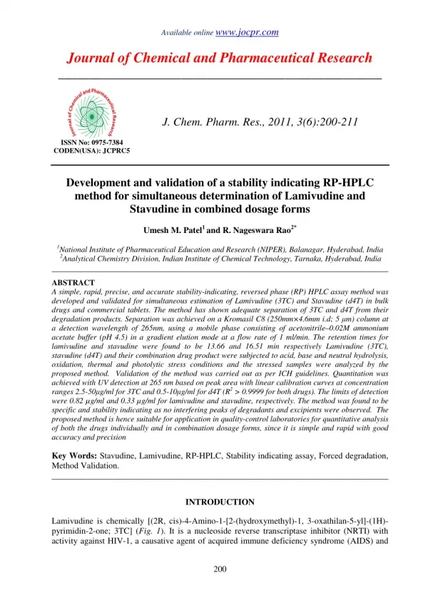 Development and validation of a stability indicating RP-HPLC method for simultaneous determination of Lamivudine and Sta