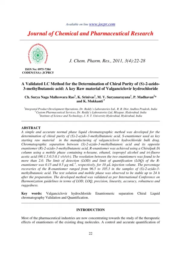 A Validated LC Method for the Determination of Chiral Purity of (S)-2-azido3-methylbutanoic acid: A key Raw material of