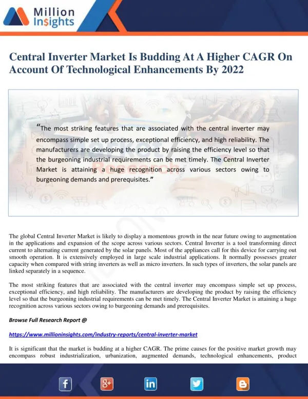 Central Inverter Market Is Budding At A Higher CAGR On Account Of Technological Enhancements By 2022