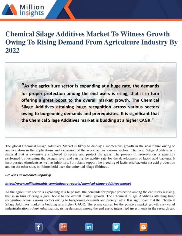 Chemical Silage Additives Market To Witness Growth Owing To Rising Demand From Agriculture Industry By 2022