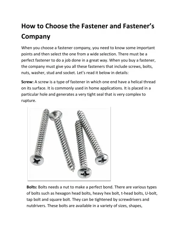 How to Choose the Fastener and Fastener’s Company