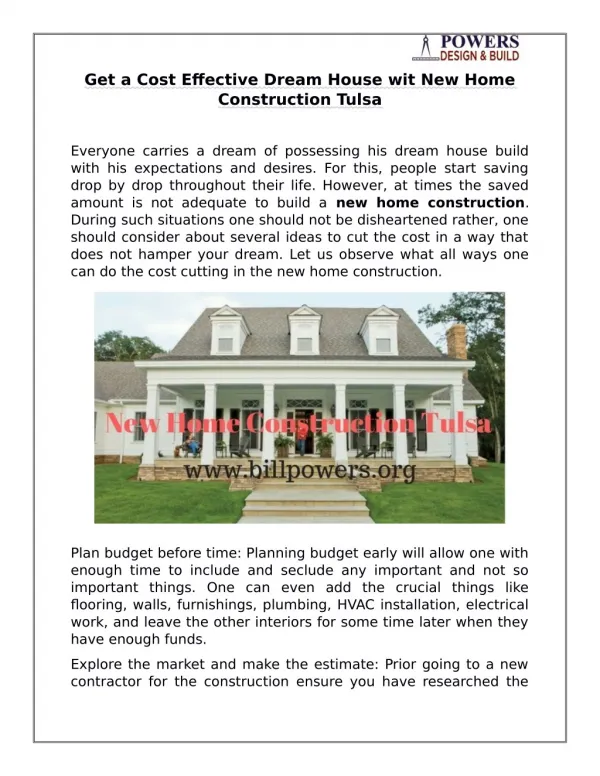 Get a Cost Effective Dream House wit New Home Construction Tulsa