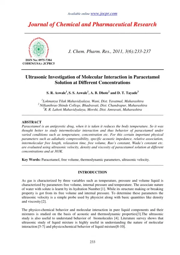 Ultrasonic Investigation of Molecular Interaction in Paracetamol Solution at Different Concentrations