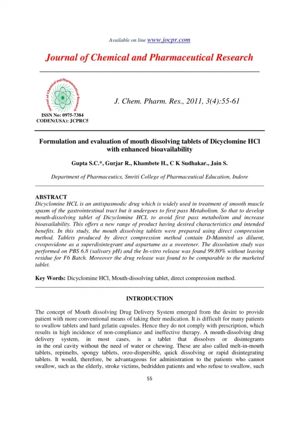 Formulation and evaluation of mouth dissolving tablets of Dicyclomine HCl with enhanced bioavailability