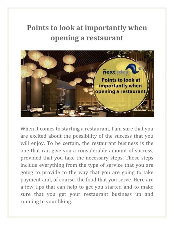 Points to look at importantly when opening a restaurant
